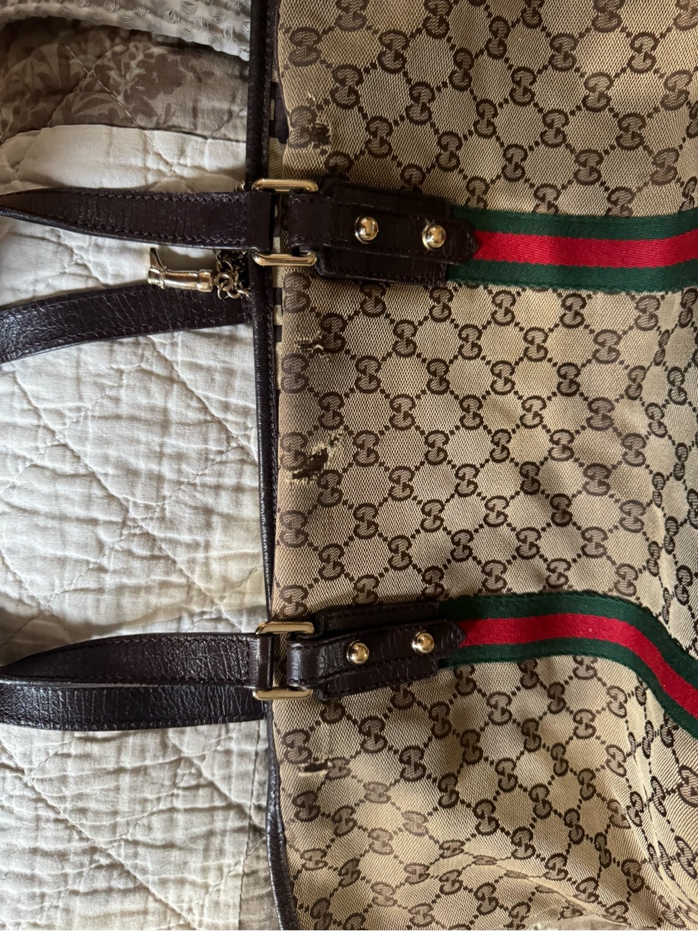 Gucci Beige GG Canvas Tote with Brown Leather Trim and Red-Green Web Stripe - Picture 1 of 12